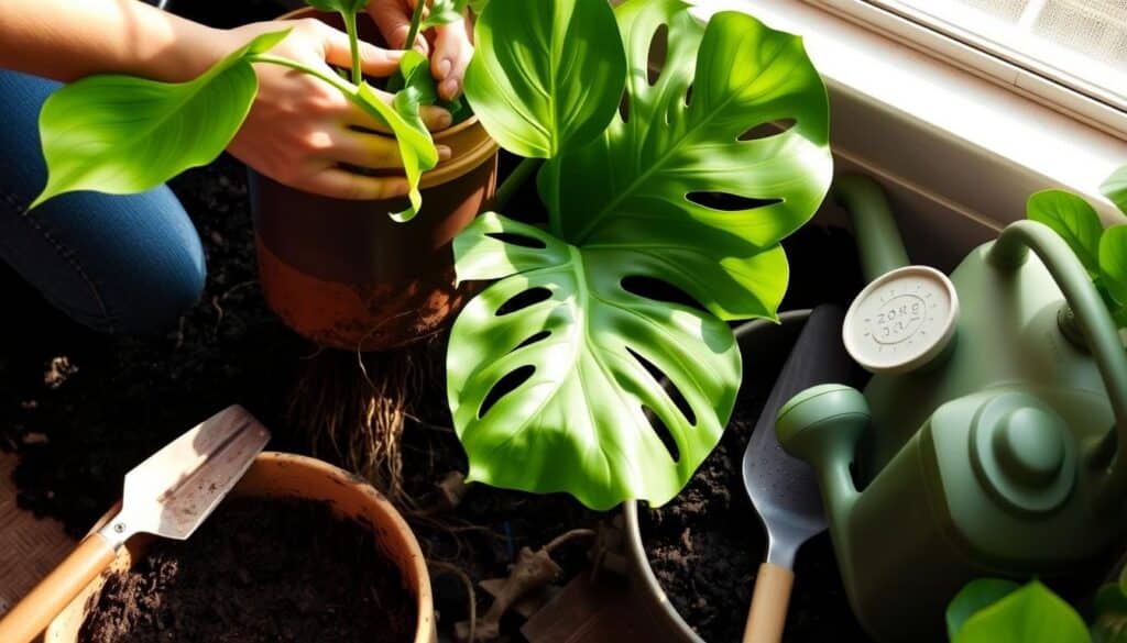 Monstera plant repotting