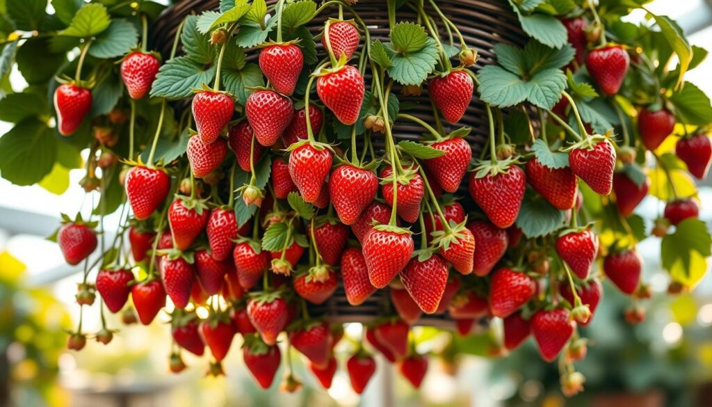 hanging strawberry plant harvest