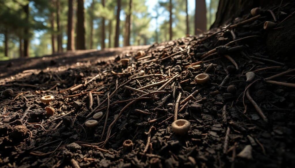A close-up photograph of rich, dark forest soil covered in a thick layer of decomposing pine needles and cones. The soil has a crumbly texture and is dotted with small roots and fungi. Dappled sunlight filters through the overhead pine canopy, casting a warm, earthy glow. The image is captured from a low angle, emphasizing the intricate details of the soil composition. The depth of field is shallow, keeping the foreground sharp while gently blurring the background. This visually conveys the essential soil requirements for healthy pine tree growth.