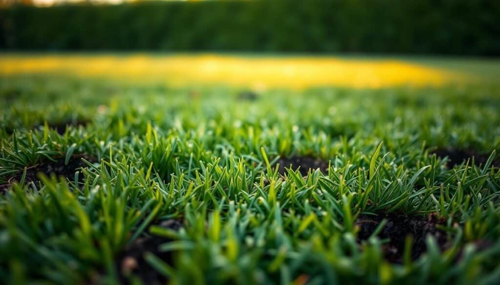 A close-up view of a lush, well-maintained lawn with several types of small holes visible. The foreground shows a variety of circular and irregular-shaped holes, ranging from a few millimeters to a couple of centimeters in diameter, exposing the soil beneath the grass. The middle ground showcases the textural contrast between the healthy, green grass and the dark, exposed earth of the holes. The background features a soft, slightly blurred bokeh effect, creating a sense of depth and focus on the lawn details. The lighting is natural, with a warm, golden hue casting gentle shadows that accentuate the depth and texture of the lawn. The camera angle is slightly tilted downward, providing an up-close, investigative perspective on the lawn's surface imperfections.
