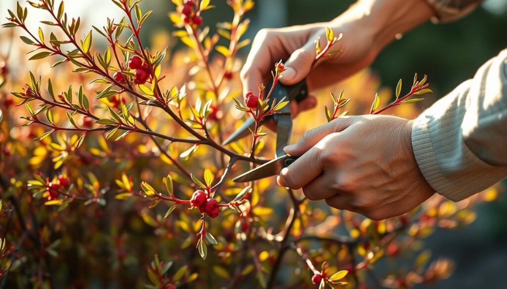 A close-up view of a skilled gardener's hands carefully pruning a vibrant burning bush shrub. The sun casts a warm, golden glow over the scene, illuminating the delicate leaves and intricate branching structure. The gardener's movements are deliberate and precise, showcasing the proper techniques for shaping and maintaining the plant's natural form. The background is softly blurred, allowing the viewer to focus entirely on the pruning process. The overall atmosphere conveys a sense of tranquility and expertise in caring for this beloved landscape element.