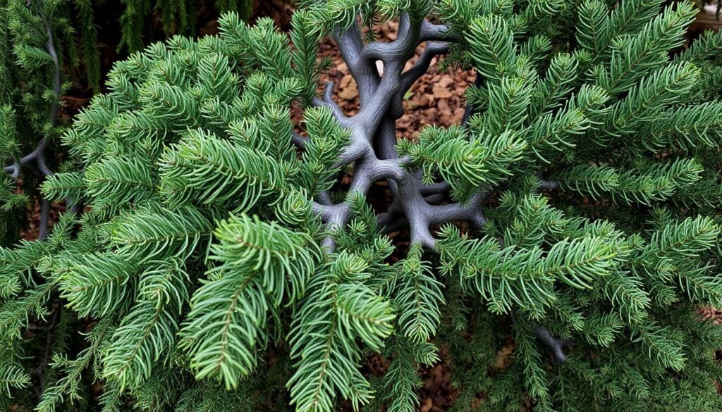 A close-up view of the intricate growth patterns of a mature juniper bush. The foreground showcases the dense, scale-like foliage in shades of deep green, with the delicate, needle-like leaves arranged in intricate swirls and spirals. The middle ground reveals the gnarled, twisted branches that form the plant's structure, while the background hints at a natural, earthy environment, perhaps a forest floor or rocky terrain. Soft, diffused lighting casts subtle shadows, accentuating the textures and three-dimensional qualities of the juniper's growth. The overall image conveys a sense of natural elegance and the fascinating complexity of this resilient, slow-growing evergreen.