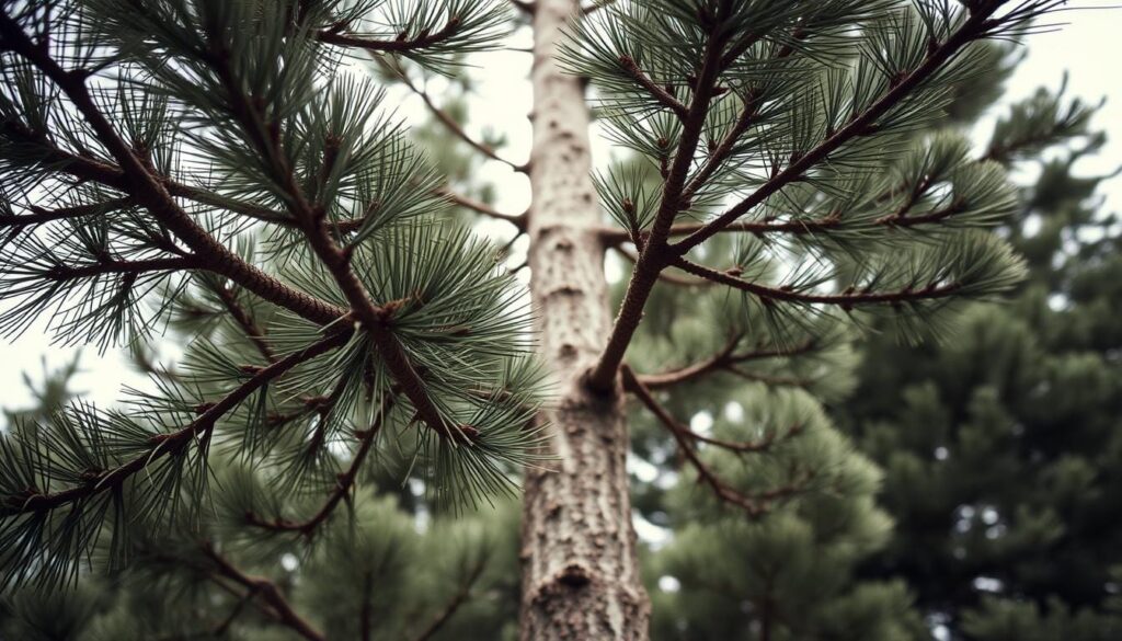 A close-up view of the intricate growth patterns of mature pine trees, captured with soft, diffused lighting that accentuates the textures and contours of the bark and needles. The foreground showcases the graceful, layered branches extending outward, while the middle ground reveals the gradual tapering of the trunk as it rises towards the canopy. In the background, a gentle blur of additional pine trees creates a sense of depth and a tranquil, forest-like atmosphere. The overall composition conveys the natural, organic flow of a pine tree's growth, highlighting the adaptations and resilience that enable these majestic conifers to thrive.