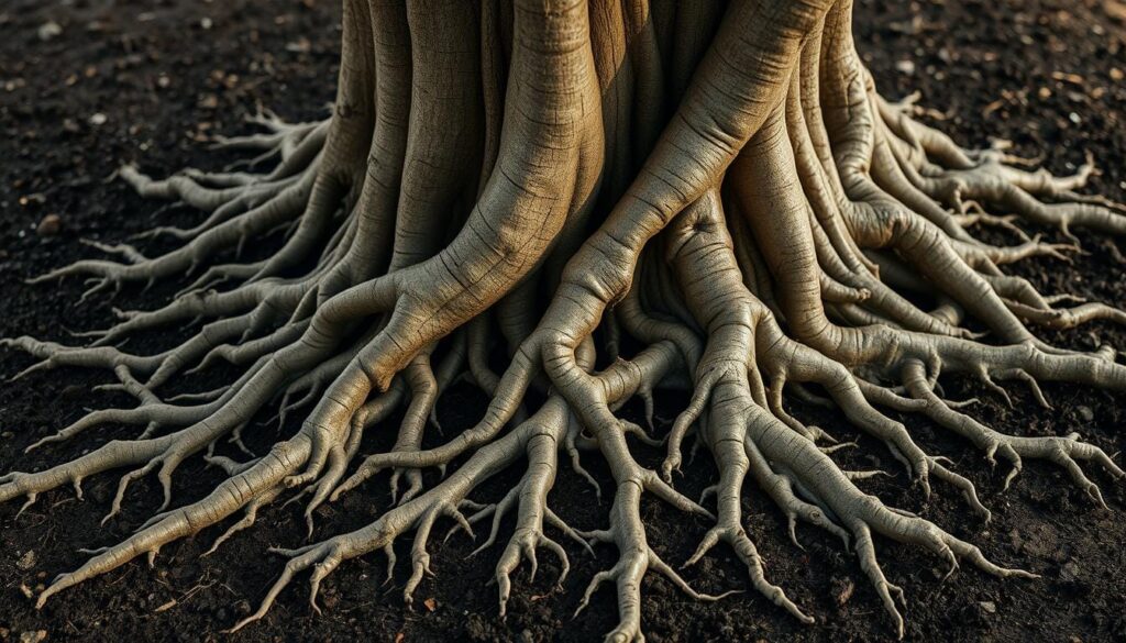 A close-up view of the intricate root system of a live oak tree, delicately emerging from the earth. The roots are thick and gnarled, intertwining to form a natural protective barrier around the tree's base. The soil is dark and rich, providing nourishment for the sprawling underground network. Soft, diffused lighting illuminates the scene, casting gentle shadows that accentuate the textures and contours of the roots. The composition focuses on the lower trunk and root flare, showcasing the vital role these structures play in the overall health and stability of the live oak.