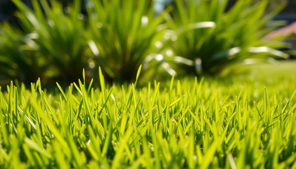 A closeup shot of Bermuda grass, its vibrant green blades swaying gently in the warm afternoon sunlight. The textured surface of the tightly woven lawn fills the foreground, each blade tapering to a fine point. In the middle ground, the grass transitions to a softer, more lush appearance, creating a sense of depth. The background is blurred, suggesting an out-of-focus garden or landscaped setting. The lighting is natural and diffused, casting subtle shadows that accentuate the grass's unique texture and color. The overall mood is one of tranquility and attention to detail, perfectly suited for identifying the distinctive features of Bermuda grass.