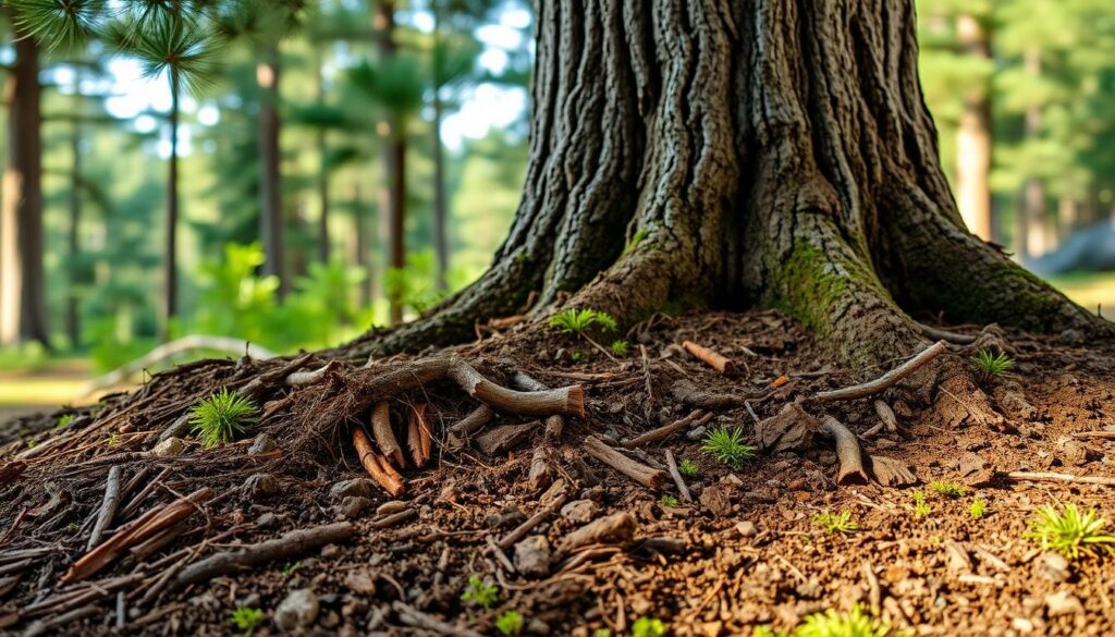 A detailed close-up view of the soil around the base of a majestic pine tree, showcasing the rich, organic substrate it thrives in. The foreground features the textured, nutrient-dense soil, filled with decaying pine needles, moss, and decomposing organic matter. In the middle ground, the sturdy, tapered trunk of the pine tree emerges, its bark gnarled and weathered, providing a strong visual contrast. The background is softly blurred, hinting at the lush, verdant forest surrounding the tree, creating a sense of depth and atmosphere. Warm, natural lighting casts gentle shadows, highlighting the earthy tones and intricate textures of the soil and pine tree. The overall composition emphasizes the specific soil requirements and adaptations that allow pine trees to flourish in their natural habitat.