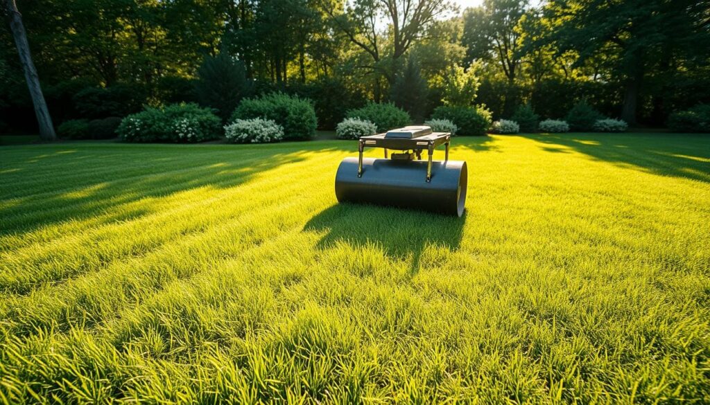 A freshly mowed lawn, the grass blades glistening in the warm afternoon sun. A sturdy roller, its metal frame gleaming, is being pushed across the expanse, creating a mesmerizing wave-like pattern as it compacts the soil. The scene is framed by a lush, vibrant backdrop of trees and shrubs, their leaves rustling gently in the soft breeze. The image conveys a sense of tranquility and the satisfaction of a well-maintained, beautifully groomed outdoor space. Captured with a wide-angle lens, the scene offers a panoramic view, showcasing the intricate details of the lawn rolling process and the harmonious integration of the lawn within its natural surroundings.