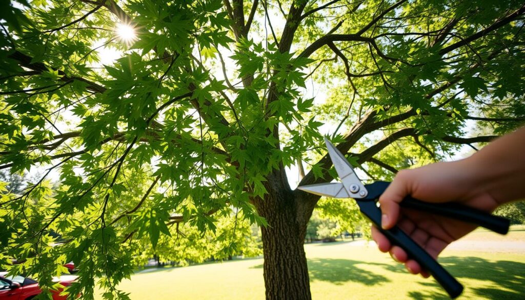 A late summer day, soft sunlight filters through the lush canopy of a mature maple tree. In the foreground, skilled hands carefully prune the branches, thoughtfully shaping the tree's natural form. The rhythmic snip of pruning shears echoes, as a cascade of green leaves flutter to the ground. The middle ground reveals the tree's trunk, the bark's intricate patterns and textures hinting at its age and resilience. In the background, a gentle breeze rustles the maple's extended limbs, casting dappled shadows on the verdant grass below. The scene exudes a sense of tranquility and the skilled care required to maintain the tree's health and aesthetics during the transition to autumn.