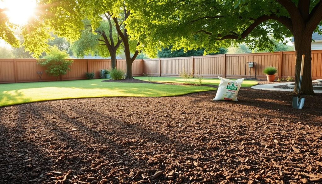 A lush garden setting with a freshly mulched flower bed in the foreground. Soft, warm natural lighting filters through the canopy of verdant trees, casting gentle shadows across the newly applied dark brown mulch. The mulch is evenly distributed, creating a smooth, uniform surface that seamlessly integrates with the surrounding soil. In the middle ground, a shovel and a bag of mulch sit nearby, hinting at the recent application process. The background features a picturesque view of a well-maintained backyard, complete with a wooden fence and a few potted plants. The overall scene conveys a sense of order, tranquility, and a carefully tended outdoor space.