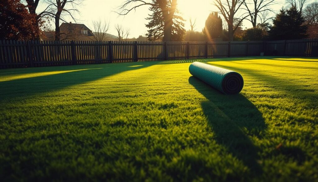 A lush, green lawn gently unrolling across an expansive backyard, revealing uneven patches and potential hazards. The rolling mechanism casts long shadows, creating a sense of depth and drama. The scene is bathed in warm, golden sunlight, casting a serene, contemplative mood. In the background, a wooden fence and towering trees set the scene, hinting at the larger landscape. The overall atmosphere evokes a sense of imperfection, highlighting the need for careful attention and consideration when rolling a lawn to avoid creating more problems than it solves.