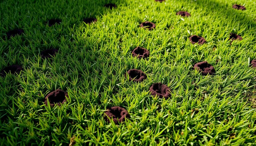 A lush green lawn with numerous small, circular holes dotting the surface. The holes are slightly raised, with a mound of soil around the edges, indicating the presence of crawfish burrows. The scene is illuminated by soft, natural lighting, casting gentle shadows and highlighting the intricate textures of the grass and soil. The overall atmosphere is one of tranquility and close observation, inviting the viewer to examine the subtle details of this natural phenomenon occurring within the confines of a well-manicured yard.