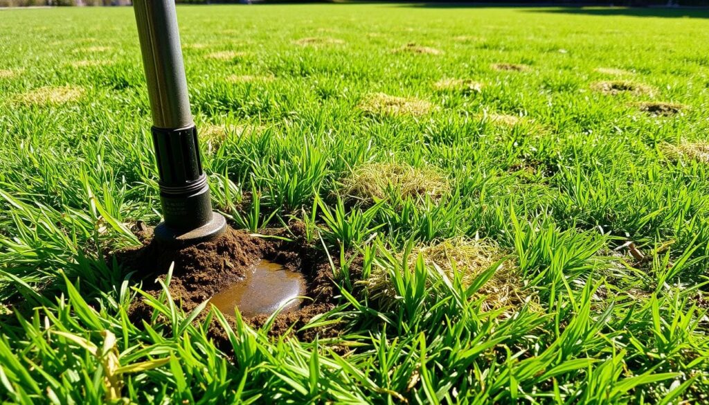 A lush green lawn with scattered patches of dying grass, the result of an aging underground irrigation system leaking water. In the foreground, a close-up view reveals the soil around a sprinkler head saturated and muddy, while the surrounding grass has turned yellow and withered. In the middle ground, the lawn is dotted with small mounds and depressions where the soil has been disturbed by the persistent seepage. The background shows a sunny, cloudless day, the bright light casting long shadows and highlighting the uneven texture of the damaged lawn. The overall scene conveys a sense of neglect and the need for timely maintenance to address the irrigation system issues before the lawn is further compromised.