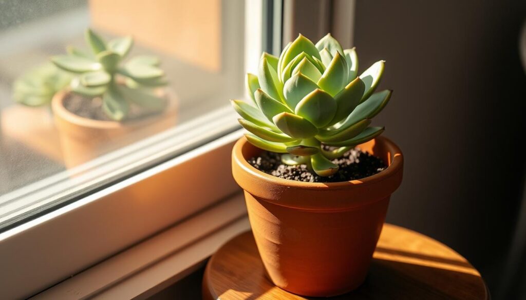 A lush, healthy Lola succulent plant nestled in a terracotta pot, bathed in the soft, warm glow of a south-facing window. The delicate rosette of fleshy, pale green leaves gently catch the dappled sunlight, creating mesmerizing shadows that dance across the windowsill. The pot sits atop a wooden side table, its rustic charm complementing the natural beauty of the succulent. The serene, minimalist scene exudes a sense of tranquility, inviting the viewer to pause and appreciate the simple pleasures of cultivating a thriving indoor plant.