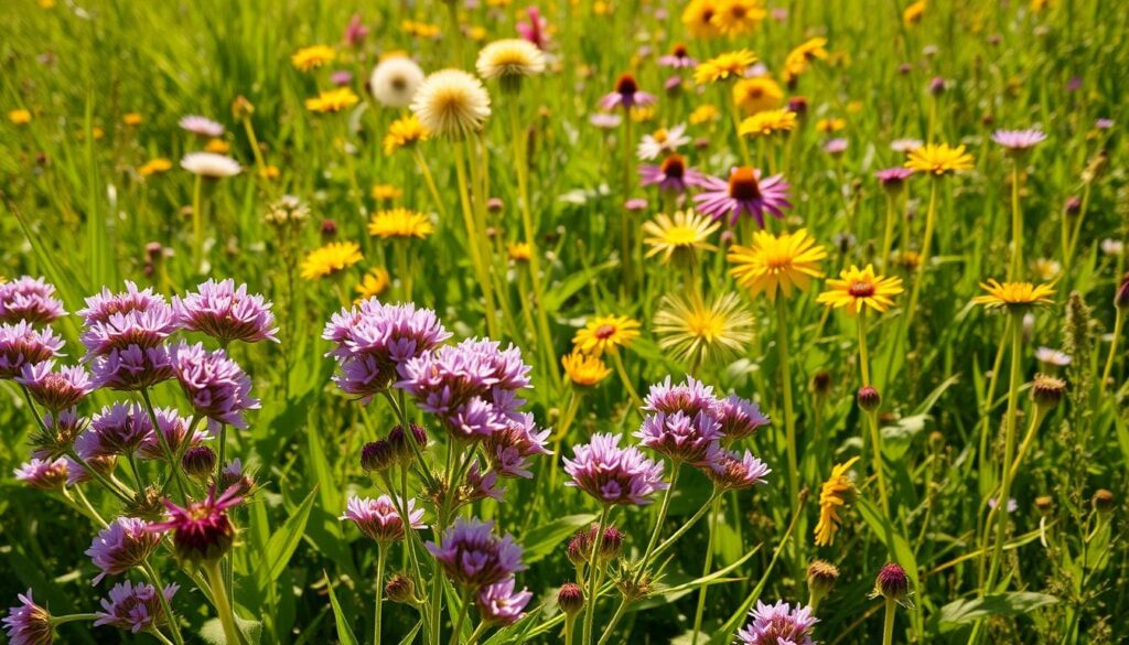 A lush meadow filled with a diverse array of vibrant bee nectar weeds, bathed in warm, golden sunlight. In the foreground, clusters of delicate purple clover blossoms sway gently in a light breeze, their nectar-rich petals beckoning pollinators. The middle ground features tall, flowering dandelions in full bloom, their bright yellow heads contrasting against the verdant foliage. In the background, a tapestry of other bee-friendly plants like wild bergamot, purple coneflowers, and wild sunflowers add depth and texture to the scene. The overall composition conveys a sense of abundant, natural beauty that would attract and nourish local bee populations.