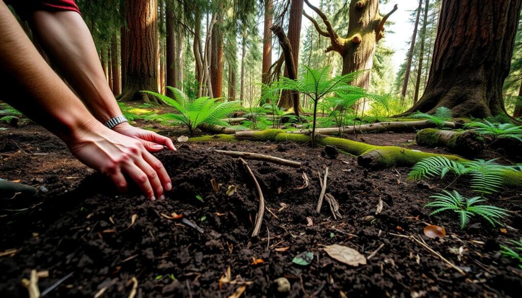 A lush pine forest floor, meticulously prepared for planting. In the foreground, a gardener's hands carefully tilling the soil, exposing the rich, dark earth. Amidst the fallen needles and decaying organic matter, the soil's texture is revealed - crumbly and nutrient-dense, ready to nourish young pine saplings. The middle ground showcases a mix of ferns, moss, and decomposing logs, creating a verdant and welcoming environment. In the background, towering pine trees with their distinctive, rust-colored bark and cascading branches, casting a warm, dappled light across the scene. The overall atmosphere is one of reverence and care, as the gardener prepares the perfect foundation for the pine tree's healthy growth.