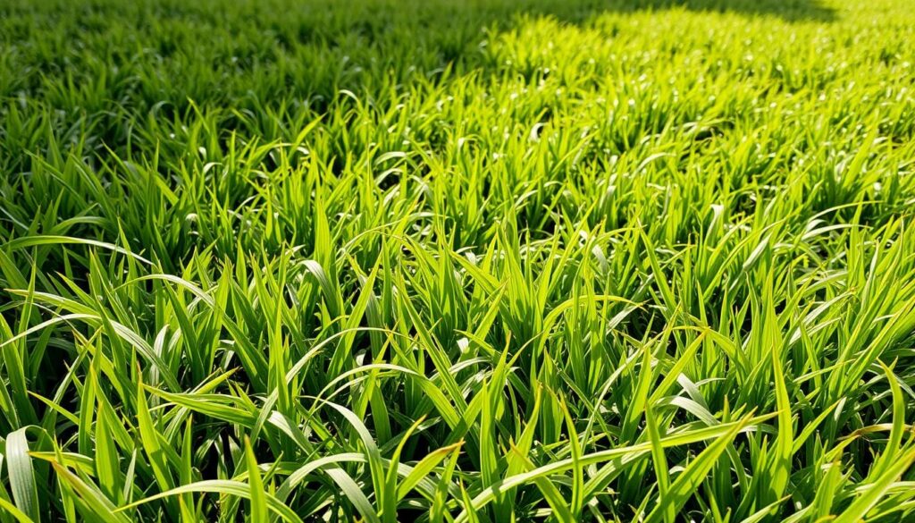 A lush, sprawling carpet of vibrant green Bermuda grass, its blades densely packed and undulating gently in a warm breeze. The foreground showcases the grass's distinctive diamond-shaped leaf nodes and its wiry, stoloniferous growth habit, while the middle ground reveals the grass's tendency to form dense, spreading mats. In the background, the image depicts the invasive nature of Bermuda grass, with the lawn transitioning abruptly into adjacent areas, highlighting its aggressive, competitive nature. The lighting is natural, with soft, diffused illumination casting long shadows and giving the scene a calm, serene atmosphere. The camera angle is slightly elevated, providing an overview of the Bermuda grass's dominance and ubiquity.