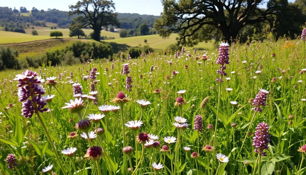 A lush, sun-dappled meadow filled with a vibrant tapestry of bee nectar weeds. In the foreground, delicate purple and white flowers sway gently in a light breeze, their petals radiant under the warm golden light. The middle ground reveals a diverse array of leafy green plants, their stems reaching towards the sky. In the background, rolling hills dotted with towering oak trees provide a serene, pastoral backdrop. The overall scene exudes a sense of natural abundance and tranquility, inviting the viewer to immerse themselves in the verdant splendor of this bee-friendly habitat.