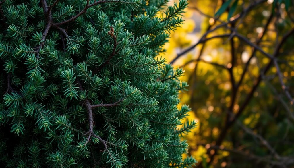 A lush, tangly display of juniper foliage, with intertwining branches and clusters of needle-like leaves. The foreground features the intricate, overlapping patterns of juniper growth, with varying shades of green and hints of blue-green hues. The middle ground reveals the underlying branching structure, while the background softly blurs into a warm, golden-hour lighting, casting gentle shadows that accentuate the textural details. Captured with a shallow depth of field, the image focuses on the captivating, organic complexity of the juniper's natural growth habits.