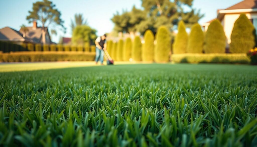 A lush, verdant Bermuda grass lawn in the foreground, meticulously maintained with even blades and a vibrant green hue. In the middle ground, a gardener diligently tending to the lawn, using a manual aerator to improve soil aeration and promote healthier grass growth. The background showcases a tranquil suburban setting, with neatly trimmed hedges, towering trees, and a clear blue sky overhead, illuminated by soft, natural lighting that casts a warm, inviting glow across the scene. The overall composition conveys a sense of balance, harmony, and effective long-term management strategies for maintaining a thriving Bermuda grass lawn.