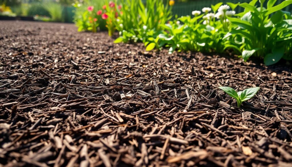 A lush, verdant garden bed filled with a deep layer of rich, dark brown mulch. The mulch covers the soil, creating a visually appealing and functional surface. In the foreground, sunlight gently filters through the mulch, highlighting its textural details. The middle ground showcases the mulch's ability to suppress weeds, leaving the soil nourished and weed-free. In the background, thriving plants and flowers emerge, their vibrant colors contrasting with the earthy tones of the mulch. A wide-angle lens captures the scene, conveying a sense of harmony and the numerous benefits of maintaining a healthy layer of mulch in the garden.