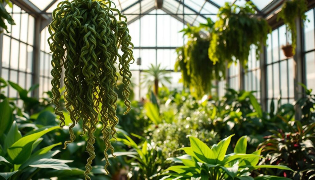 A lush, verdant greenhouse interior bathed in warm, natural light. In the foreground, a thriving curly hair plant, its frilly, olive-green leaves cascading gracefully. The middle ground reveals a variety of other thriving houseplants, their vibrant foliage creating a tapestry of textures and hues. The background showcases tall, industrial-style windows, allowing the sunlight to pour in and illuminate the scene. A sense of tranquility and abundance pervades the atmosphere, highlighting the ideal growing conditions for the curly hair plant - high humidity, indirect sunlight, and a well-drained, nutrient-rich soil.