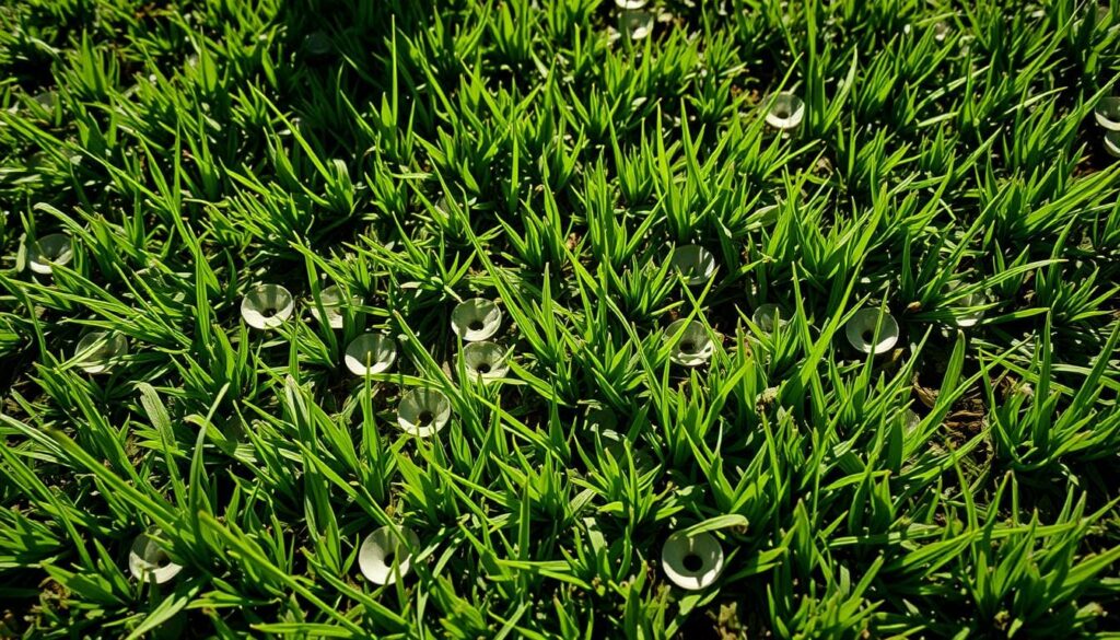 A lush, verdant lawn with a scattering of tiny, circular holes dotting the surface. The holes, ranging from a few millimeters to a centimeter in diameter, are evenly distributed, creating a subtle, almost organic pattern. Sunlight filters through the grass blades, casting delicate shadows that accentuate the depth and texture of the perforations. The overall scene conveys a sense of natural curiosity, inviting the viewer to investigate the causes behind these inconspicuous yet intriguing imperfections in the otherwise pristine expanse of green.