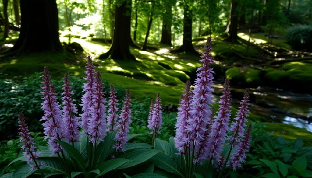 A lush, verdant shaded garden scene featuring a cluster of vibrant astilbe plants in the foreground. The plants have delicate, feathery plumes in shades of pink, lavender, and white, contrasting beautifully against the deeper green foliage. The middle ground reveals a softly lit, mossy woodland setting with dappled sunlight filtering through the canopy of tall trees. In the background, a tranquil stream or pond reflects the serene atmosphere. The overall mood is one of peaceful, shaded harmony, showcasing the astilbe's remarkable shade tolerance and suitability for creating a verdant, woodland-inspired growing environment.