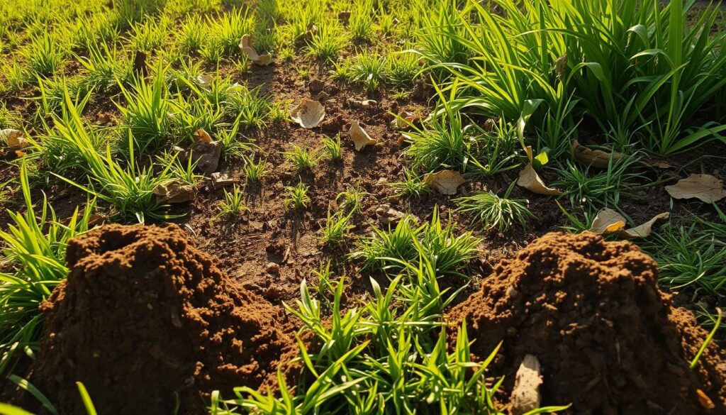 A lush, verdant yard ravaged by a swarm of relentless ants. In the foreground, the ground is dotted with mounds of excavated soil, a testament to the industrious tunneling of the colony. Patches of wilted grass and bare earth reveal the damage inflicted, while surrounding blades struggle to maintain their vibrant green hue. The middle ground showcases the ants themselves, scurrying about in a frenzied dance, carrying away fallen leaves and debris. Overhead, the sun casts a warm, golden glow, casting long shadows that accentuate the ruined landscape. The overall mood is one of disruption and decay, a once-pristine yard succumbing to the ceaseless efforts of its tiny, yet formidable, invaders.
