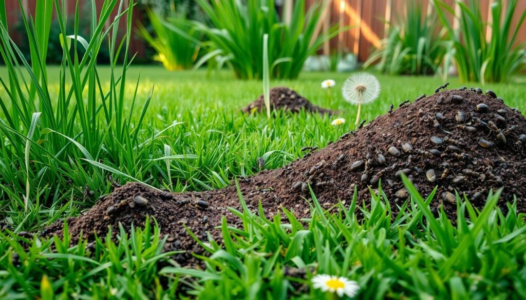 A lush, verdant yard with a vibrant carpet of grass, dotted with an intricate network of ant hills and bustling with the activity of countless ants. The foreground features a close-up view of the ant colony, showcasing the industrious workers carrying food and building their intricate underground structures. The middle ground reveals the surrounding vegetation, including tall blades of grass and the occasional dandelion or clover. In the background, a warm, natural lighting bathes the scene, casting soft shadows and highlighting the textures of the soil and foliage. The overall atmosphere conveys a sense of the natural world, inviting the viewer to observe and appreciate the complex ecological systems at play in a typical backyard setting.