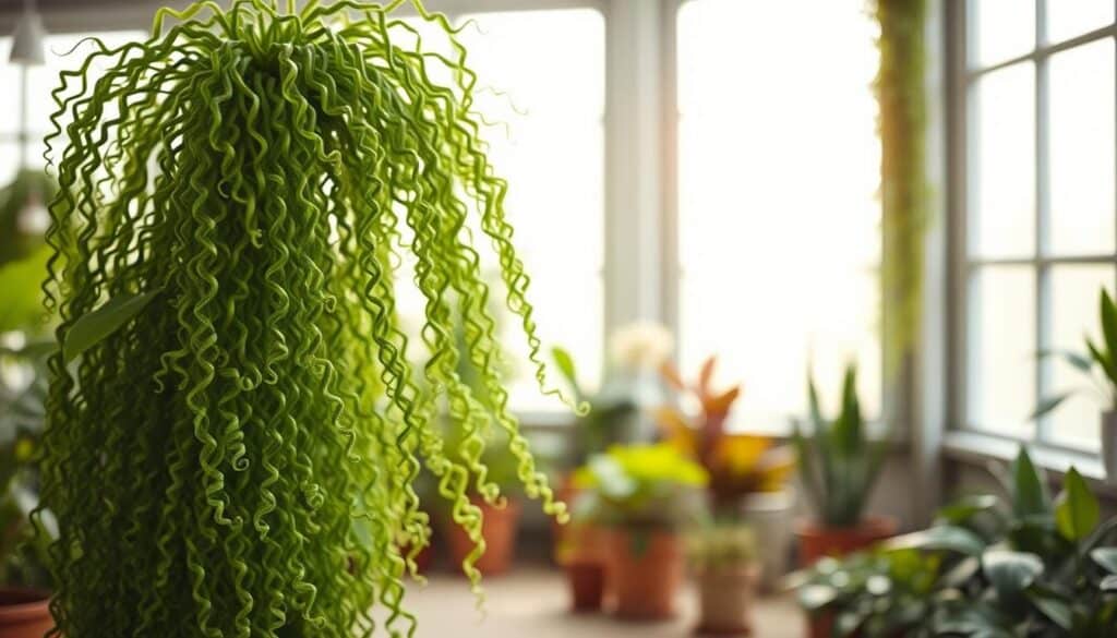 A lush, well-lit indoor greenhouse setting, with a large, thriving curly hair plant taking center stage. The plant's cascading, emerald-green leaves are illuminated by soft, diffused natural light filtering through large windows. In the foreground, the plant's intricate, spiral-shaped foliage is captured in sharp focus, showcasing the delicate patterns and textures. The middle ground features a few potted plants of complementary species, while the background fades into a blurred, minimalist setting, creating a sense of depth and composition. The overall mood is one of serene, botanical tranquility, inviting the viewer to appreciate the beauty and care required for this unique, curly-haired houseplant.