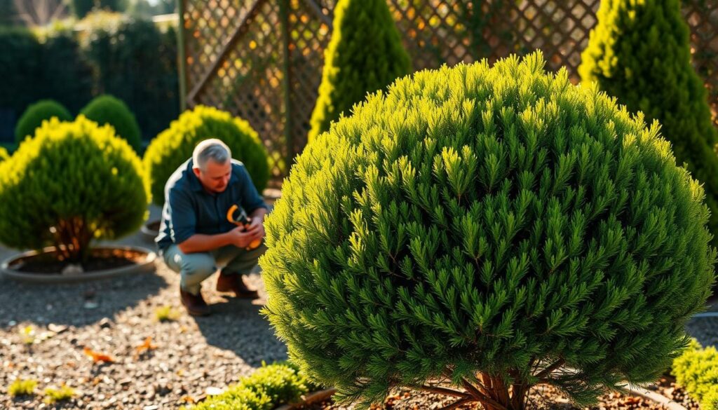 A lush, well-manicured juniper bush in the foreground, its vibrant green foliage meticulously trimmed to a neat, rounded shape. The sun casts a warm, golden glow across the scene, highlighting the textured bark and delicate branches. In the middle ground, a gardener kneels beside the bush, pruning shears in hand, focused on the task at hand. The background features a well-tended garden, with other neatly trimmed shrubs and a picturesque fence or trellis. The overall mood is one of peaceful productivity, capturing the ideal time for trimming juniper bushes to maintain their elegant, sculpted appearance.