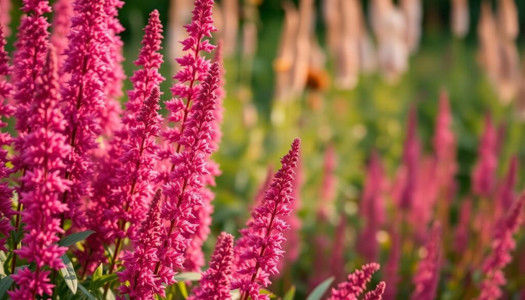 A lush, well-tended garden bed of tall, graceful astilbe plants bathed in soft, warm afternoon light. The densely clustered, feathery plumes sway gently in a light breeze, their deep pink hues complemented by the rich green of their foliage. A close-up view reveals the intricate, intricate structure of the blooms, with each tiny flower meticulously detailed. The mid-ground is in sharp focus, while the background fades into a dreamy, out-of-focus blur of complementary greens and browns, creating a sense of depth and tranquility. The overall composition is balanced and visually striking, highlighting the beauty and elegance of these stunning perennial flowers.