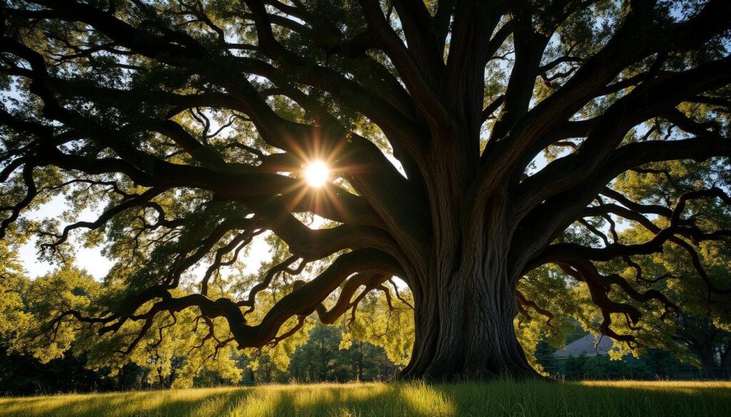 A majestic live oak tree stands tall, its sprawling branches casting a gentle shade over the lush, verdant landscape. The sun's warm rays filter through the dense, glossy foliage, creating a serene and atmospheric setting. The tree's thick, gnarled trunk is covered in intricate patterns of rough bark, a testament to its age and resilience. In the foreground, a carpet of soft, grassy undergrowth adds depth and dimension to the scene. The overall composition evokes a sense of timelessness and tranquility, capturing the essence of this iconic Southern tree.