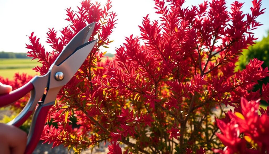 A meticulously pruned burning bush, its vibrant crimson foliage set ablaze by warm, golden sunlight. The foreground showcases the careful, deliberate snips of pruning shears as they shape the plant's lush, verdant growth. The middle ground reveals the bush's natural, organic form, its branches casting dynamic shadows on the well-tended garden soil. In the background, a softly blurred landscape of verdant greenery and a clear, azure sky creates a serene, tranquil atmosphere, emphasizing the importance of thoughtful, seasonal pruning for the health and vitality of this stunning, autumnal shrub.