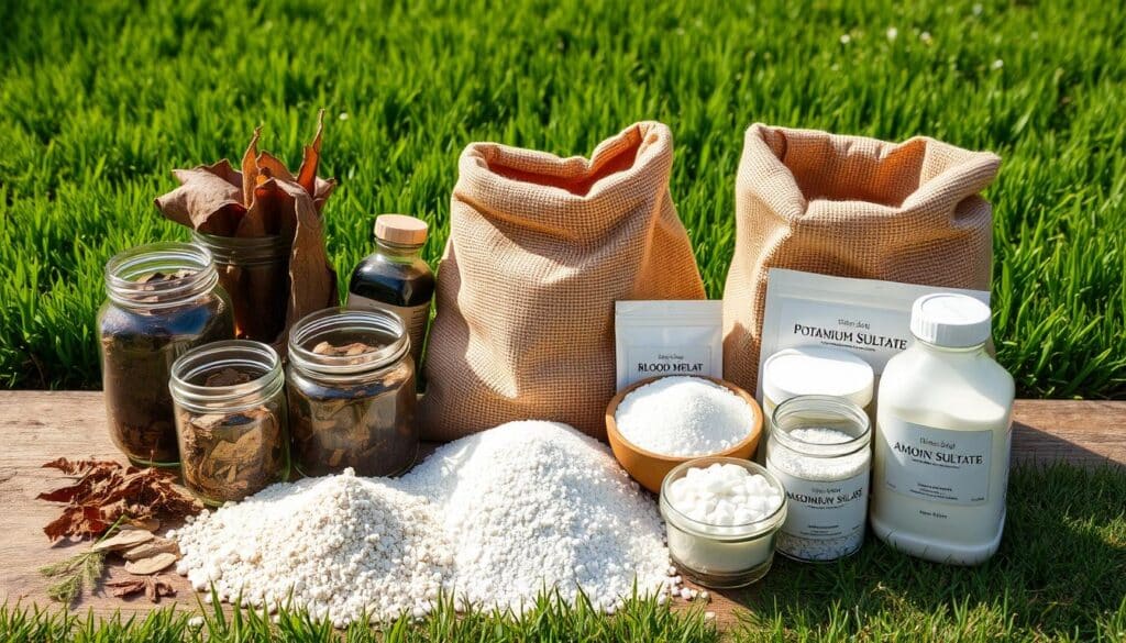 A neatly arranged still life displaying essential ingredients for homemade lawn fertilizer. The foreground features various organic materials such as compost, dried leaves, bone meal, and blood meal, presented in glass jars and burlap sacks. The middle ground showcases a variety of granulated mineral salts, including potassium sulfate, ammonium sulfate, and magnesium sulfate, all contained in labeled containers. The background subtly depicts a lush, green lawn, bathed in warm, natural lighting that casts gentle shadows, creating a sense of balance and harmony. The overall composition conveys the simplicity and effectiveness of DIY lawn care solutions.