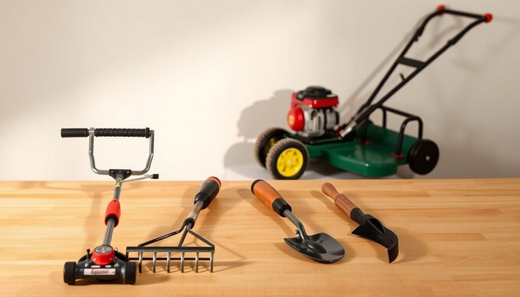 A neatly arranged table showcasing Bermuda grass removal tools in a well-lit, neutral-toned studio setting. In the foreground, a manual grass cutter, a hand cultivator, and a garden trowel are displayed on a wooden surface. The middle ground features a gas-powered lawn edger and a sod cutter, casting shadows that add depth to the composition. In the background, a neutral wall provides a clean backdrop, emphasizing the tools' functionality. The lighting is soft and diffused, creating a warm, professional atmosphere that highlights the tools' intricate details and textures. The overall impression conveys a sense of efficiency and practicality, perfectly suited for the "Preparing for Bermuda Grass Removal" section of the article.