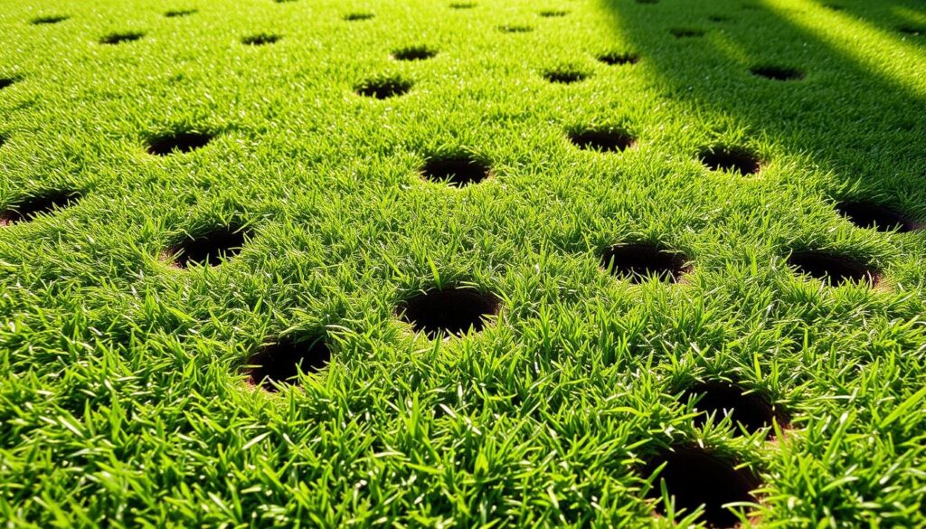 A neatly manicured lawn with numerous small, circular holes dotting the lush green grass. The holes are irregularly scattered, some clustered together, varying in size from a quarter to a half-inch wide. Sunlight streams down, casting soft shadows that accentuate the textural details of the lawn's surface. The image has a crisp, high-resolution focus, capturing the intricate patterns and textures of the grass blades and soil around the holes. The overall scene conveys a sense of curiosity and investigation, inviting the viewer to examine the causes behind this lawn's unusual condition.