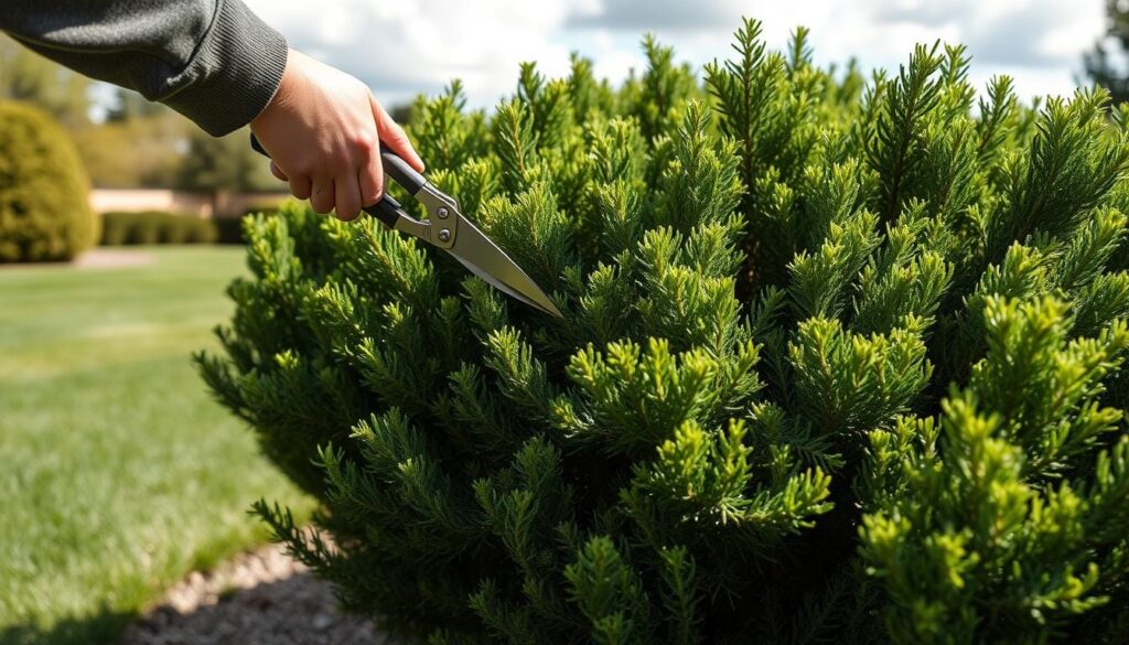 A person carefully pruning a dense juniper shrub, their hands expertly guiding the sharp pruning shears through the thick, aromatic foliage. The juniper's evergreen needles cast textured shadows across the sun-dappled ground, hinting at the vibrant green depths within. In the background, a well-manicured lawn frames the scene, while a soft, diffused light filters through wispy clouds, creating a serene, contemplative atmosphere. The composition emphasizes the skilled technique and focused attention required to properly maintain the shape and health of the juniper bush.