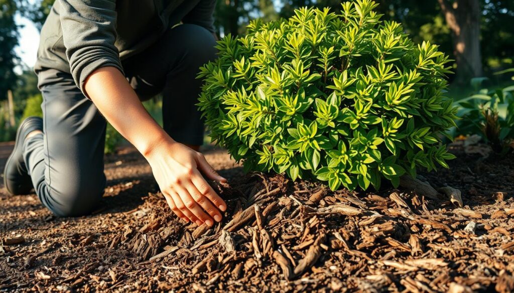 A person kneeling on the ground, carefully removing old, decomposed mulch from around the base of a lush, vibrant shrub. Sunlight filters through the trees, casting warm, dappled shadows across the scene. The soil is moist and earthy, and the person's hands are gently sifting through the layers of decaying organic matter. In the background, other plants and trees create a verdant, serene setting, conveying a sense of care and attention to detail in the gardening process. The overall mood is one of patient, focused work, with the goal of preparing the soil for new, fresh mulch.