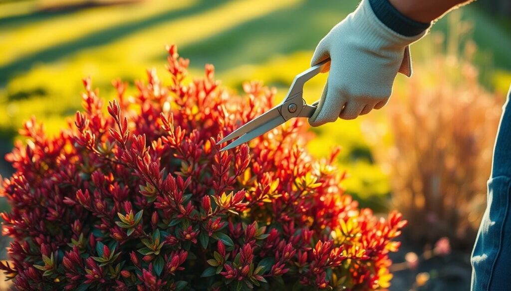 A person wearing gardening gloves carefully pruning a vibrant burning bush shrub during the early spring season. The sun's warm rays cast a soft, golden glow across the scene, highlighting the delicate new growth and creating long, dramatic shadows. The foreground is in sharp focus, showcasing the person's precise movements as they selectively trim away the older, woody stems to encourage fresh, lush foliage. The middle ground features the full, rounded shape of the burning bush, its signature red-orange hues just beginning to emerge. In the background, a verdant, blurred landscape sets the tranquil, peaceful mood of the early spring garden.