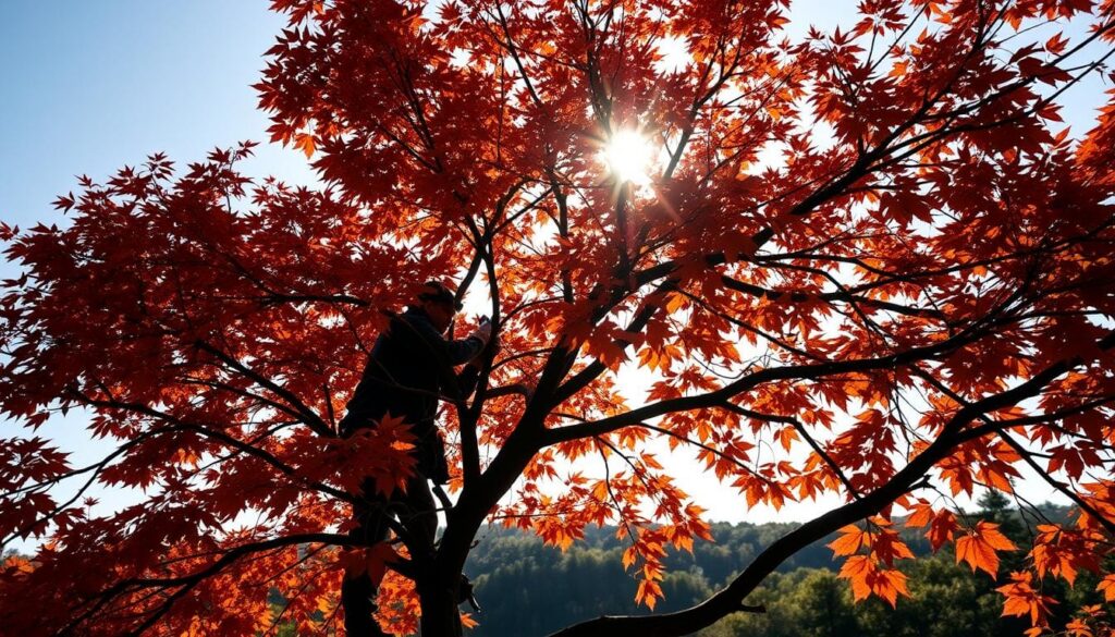 A picturesque maple tree in its prime, branches silhouetted against a crisp autumn sky. The foreground showcases a skilled arborist meticulously pruning select limbs, their movements deliberate and well-timed. Dappled sunlight filters through the remaining foliage, casting a warm glow and highlighting the vibrant hues. In the background, a verdant landscape frames the scene, hinting at the tree's natural habitat. The composition emphasizes the importance of proper pruning technique and the optimal seasonal window, elevating the visual representation of the article's key message.