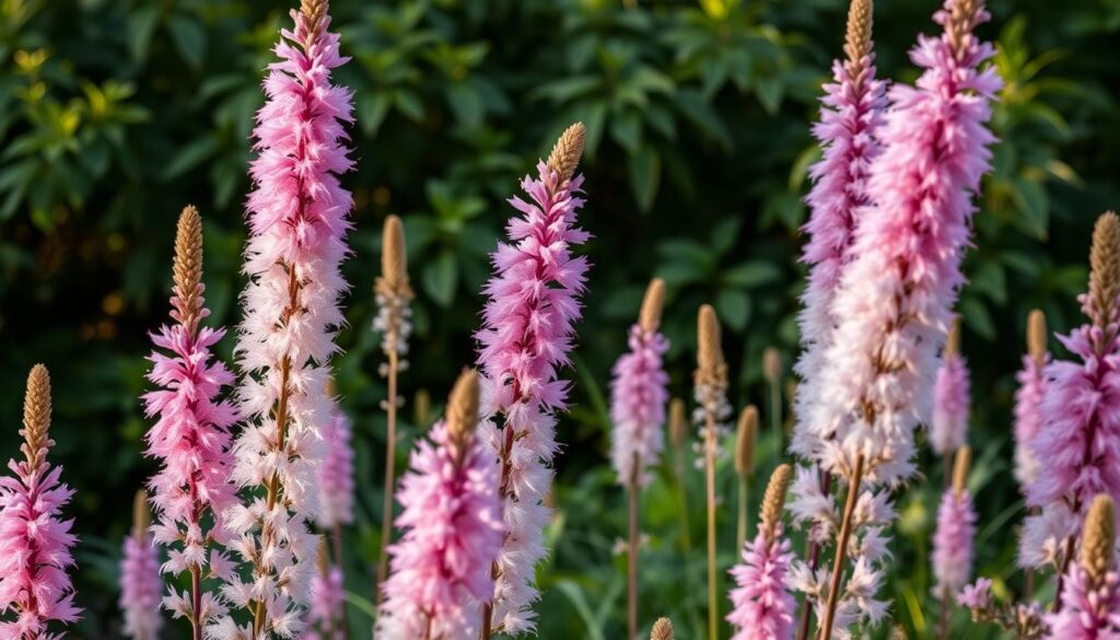 A serene garden scene featuring towering astilbe plants with lush, feathery plumes in shades of pink, lavender, and white. The plants are arranged in the foreground, their graceful stems and delicate flowers standing tall against a backdrop of verdant foliage. Soft, warm lighting illuminates the scene, creating a tranquil and inviting atmosphere. The composition is balanced, with the astilbe plants taking center stage, and the overall mood is one of natural beauty and tranquility.