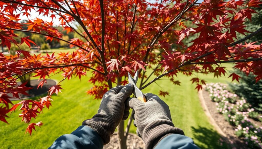 A sunny garden scene with a skilled gardener carefully pruning the branches of a mature maple tree. The foreground shows the gardener's gloved hands meticulously trimming wayward limbs, while the middle ground reveals the tree's vibrant red and green foliage. In the background, a lush lawn and blooming flowers set the serene, natural atmosphere. The lighting is warm and diffused, casting soft shadows that accentuate the intricate details of the pruning process. The camera angle is slightly elevated, providing an immersive, first-person perspective that allows the viewer to closely observe the step-by-step techniques of maple tree pruning.
