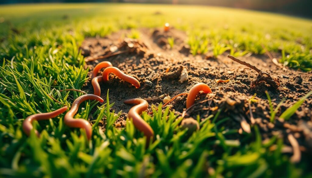 A vibrant close-up view of earthworm activity on a lush green lawn, captured with a wide-angle macro lens. The foreground shows several earthworms burrowing and wiggling through the soil, their slender bodies leaving behind a network of small, circular holes in the lawn. The middle ground showcases the rich, organic texture of the soil, with bits of decomposing vegetation and tiny roots visible. In the background, the lawn extends into a soft, hazy blur, creating a sense of depth and emphasis on the detailed earthworm movements in the frame. Warm, natural lighting casts a gentle glow, highlighting the earthy tones and the intricate patterns of the lawn's surface.