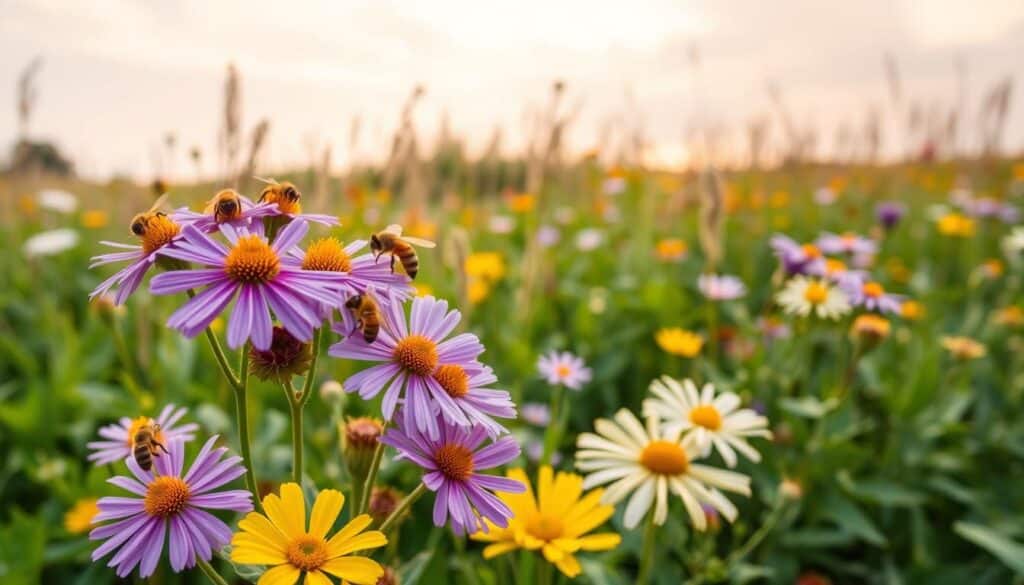 A vibrant field of flowering nectar plants, their petals gently swaying in the soft breeze. In the foreground, a cluster of blooming wildflowers in shades of purple, yellow, and white, their nectar-rich centers buzzing with honeybees. The middle ground reveals lush green foliage, interspersed with bursts of color from various nectar-bearing plants. In the background, a warm, hazy sky with wispy clouds, bathing the scene in a golden afternoon light. The composition captures the natural harmony between these vital nectar sources and the busy pollinators that rely on them, creating a picturesque representation of the symbiotic relationship.
