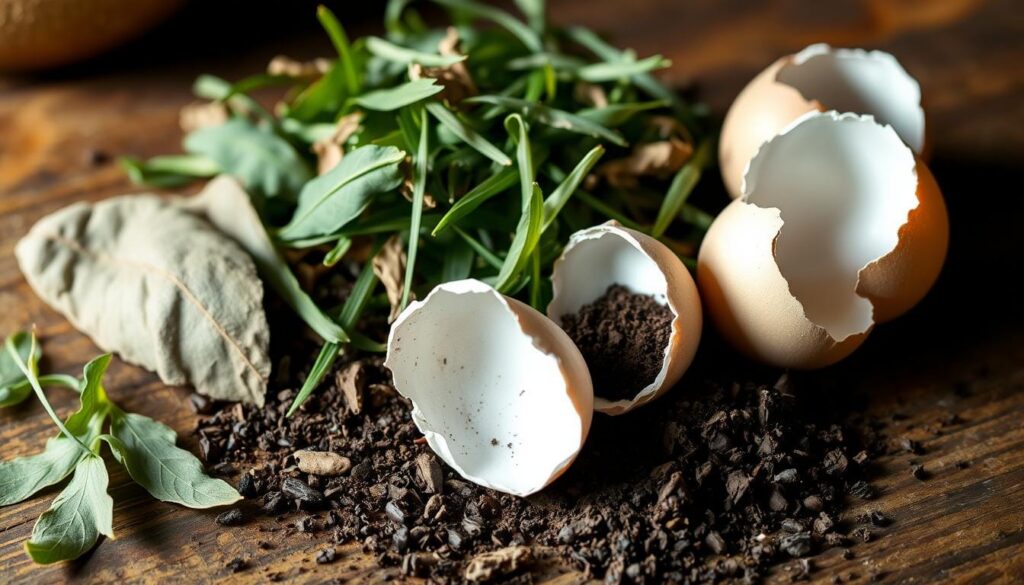 A well-lit, close-up photograph of an assortment of simple, homemade lawn fertilizer ingredients on a wooden surface. Prominently featured are common household items like dried leaves, grass clippings, coffee grounds, and eggshells. The lighting is soft and natural, highlighting the organic textures and colors. The arrangement has a casual, DIY aesthetic, conveying the ease and accessibility of crafting your own effective lawn fertilizer. The overall mood is one of sustainability, practicality, and a connection to the natural world.
