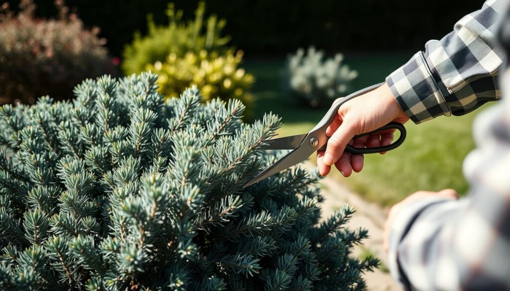 A well-lit, close-up shot of an expert gardener carefully pruning a mature juniper bush. The foreground shows the gardener's hands gently trimming the plant's spiky, blue-green foliage, wielding sharp shears with precision. The middle ground reveals the full shape of the juniper, its branches neatly contoured. In the background, a lush, verdant garden setting provides a serene, natural backdrop. The scene conveys a sense of calm focus and expertise in the art of properly maintaining juniper bushes.