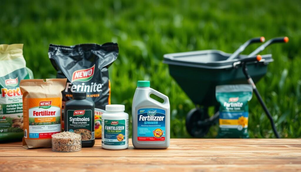 A well-lit close-up shot of various lawn fertilizer products, including granular and liquid formulas, in the foreground on a wooden surface. In the middle ground, display bags of fertilizer and spreaders against a blurred background of lush green grass. Capture the diverse range of fertilizers, such as organic, synthetic, and slow-release options, to convey the potential risks and precautions associated with their use. Ensure a clean, professional presentation that highlights the technical details of the products without distracting elements.