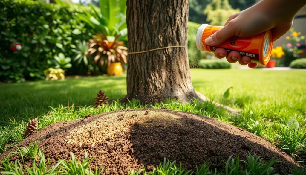 A well-lit, close-up view of an ant colony being disrupted by a variety of prevention methods. In the foreground, a hand sprinkles a granular pesticide around the mound's perimeter. In the middle ground, a person applies a sticky, repellent barrier around the base of a tree trunk. The background features a lush, green yard with other plants and landscaping elements that discourage ant nesting. The scene conveys a sense of proactive, comprehensive ant prevention through the strategic deployment of both chemical and physical barriers.