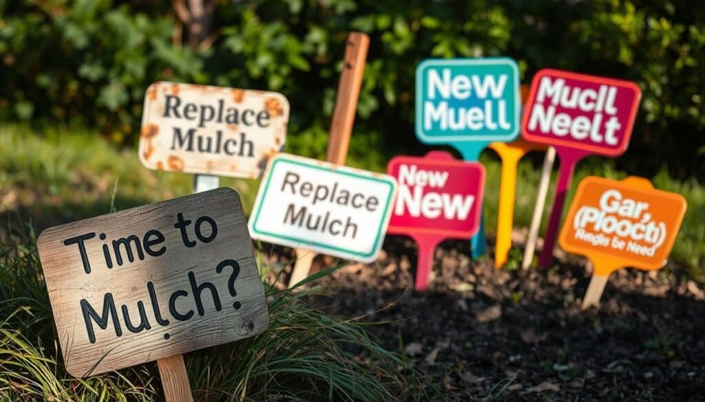 A well-lit outdoor scene showing several mulch replacement signs in various stages of deterioration. In the foreground, a worn wooden sign with faded text reading "Time to Mulch?" stands half-buried in overgrown vegetation. In the middle ground, a metal sign post leans at an angle, its rusted "Replace Mulch" message barely legible. In the background, a cluster of plastic signs in vibrant colors - "Refresh Mulch", "New Mulch Needed" - stand upright, their messages still clear despite weathering. Soft, natural lighting filters through the scene, creating subtle shadows and highlighting the textures of the aged materials. The overall mood is one of subtle decay, hinting at the need for timely mulch maintenance.